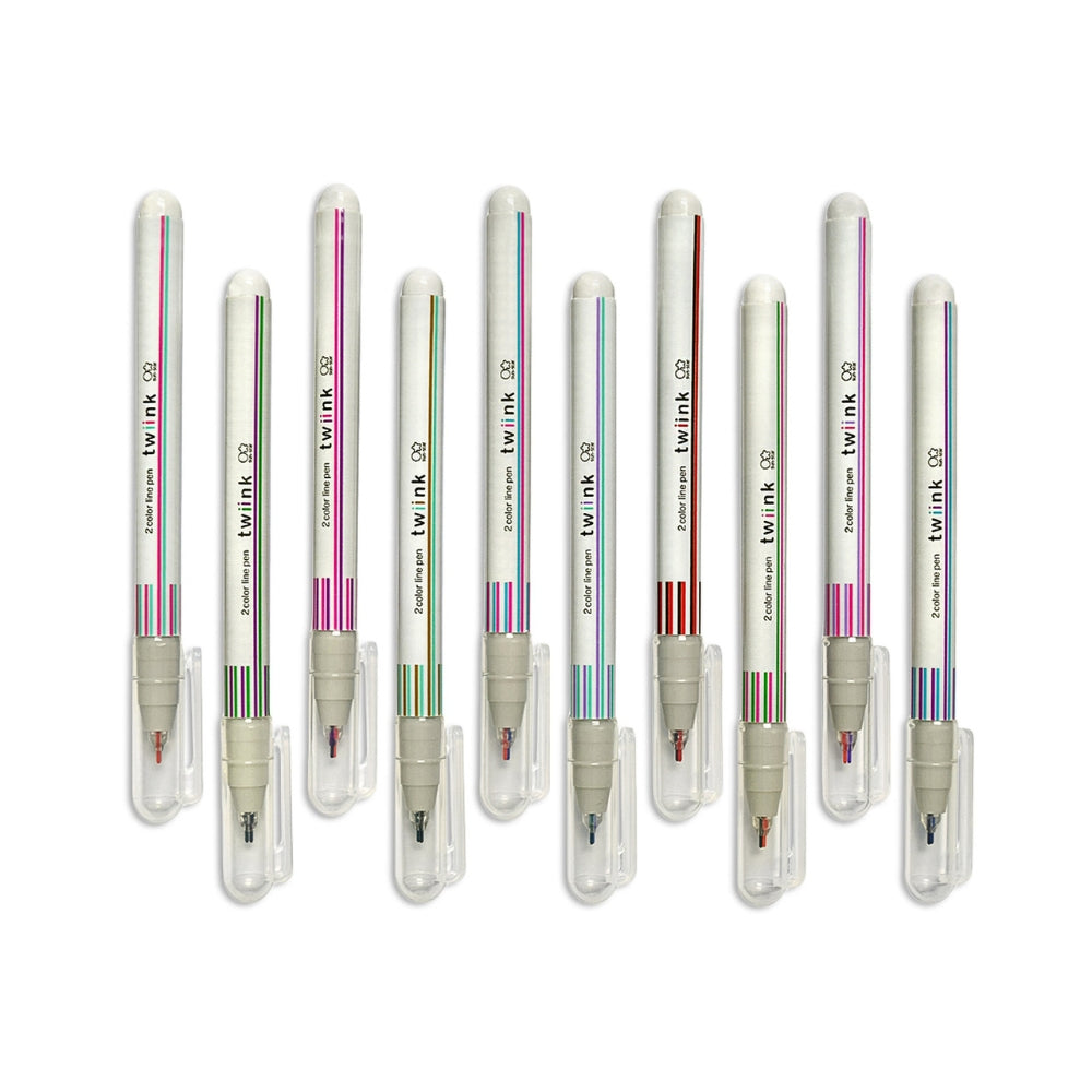 Full set of Sun-Star Twiink Dual Colour Line Pens in assorted colour combinations displayed upright with clear caps.