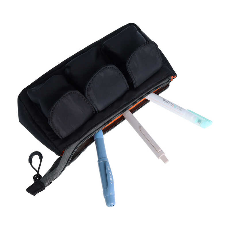 The Journal Shop - Black Sun-Star Gears Pack multi-function pencil case with three front pockets and pens inside.