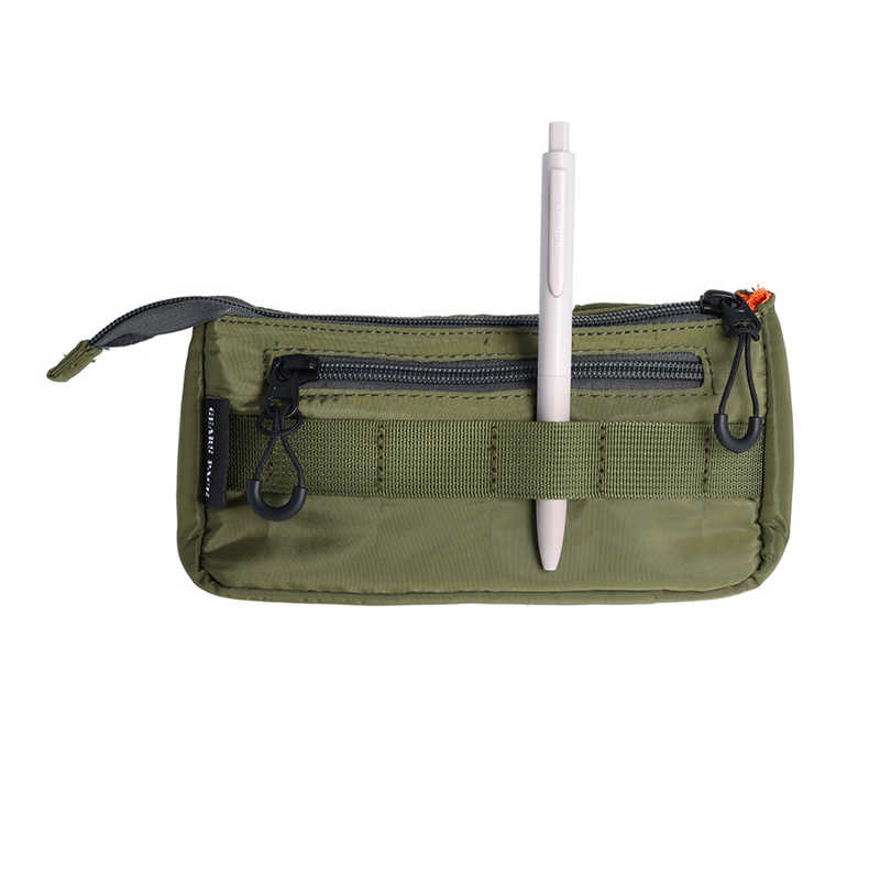 The Journal Shop - Khaki Sun-Star Gears Pack pencil case holding pen through elastic strap.