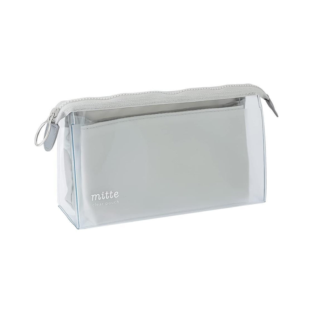 Sunstar Mitte gusset clear pouch in light grey shown from the front with zip closure.