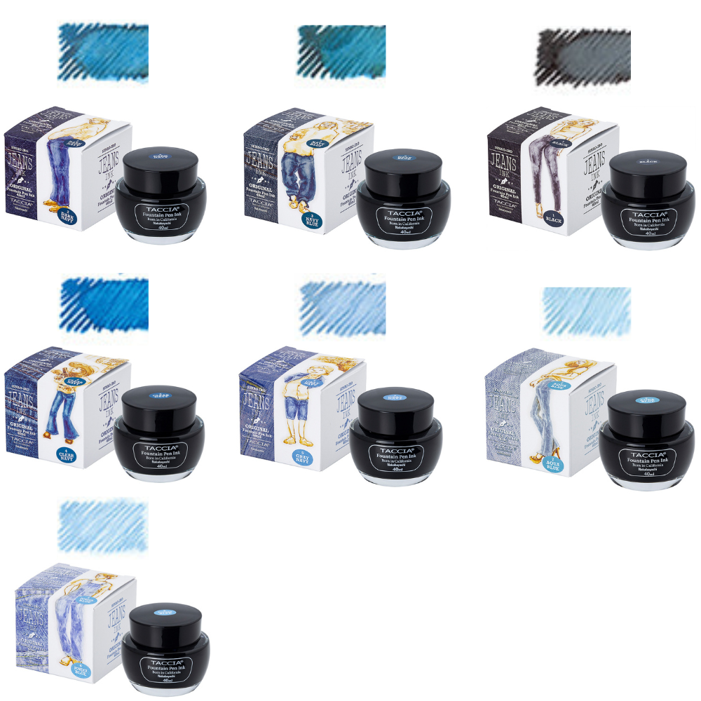 An array of Taccia Fountain Pen Ink Bottles in various denim colors, each with a corresponding box and illustration on the ink bottle.