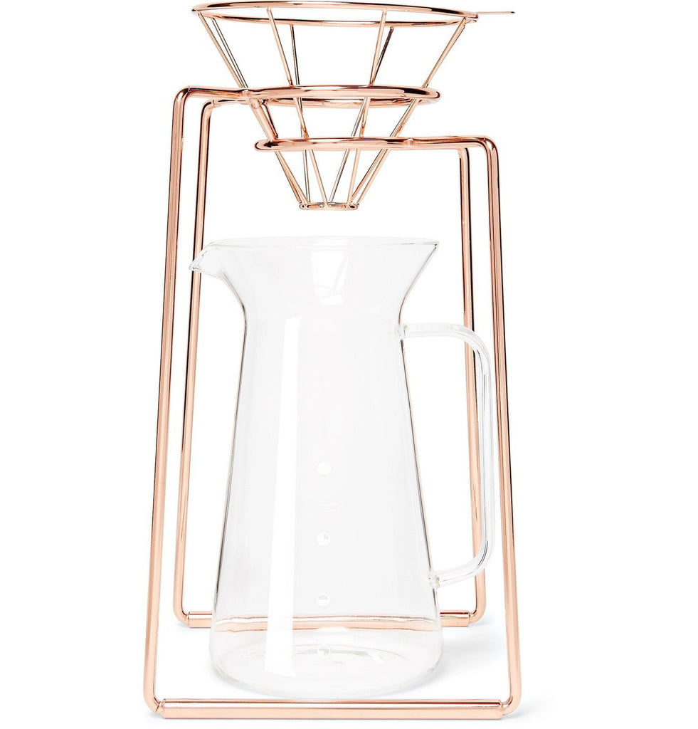 Toast Living H.A.N.D pour over coffee stand set with glass carafe and rose-gold frame shown from the front.