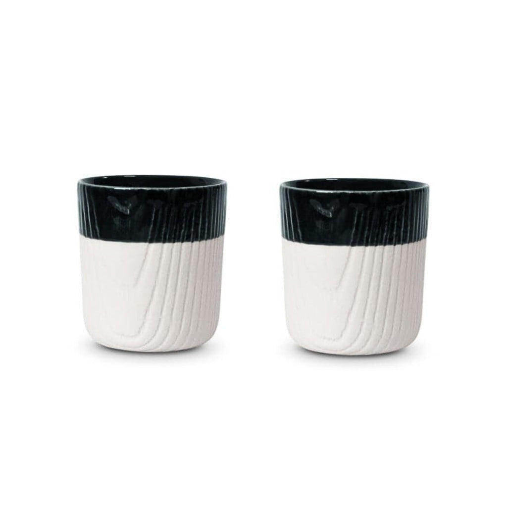 Set of two Toast Living MU mini cups, 80ml, in the Midnight colourway with a textured white base and glossy dark upper glaze.