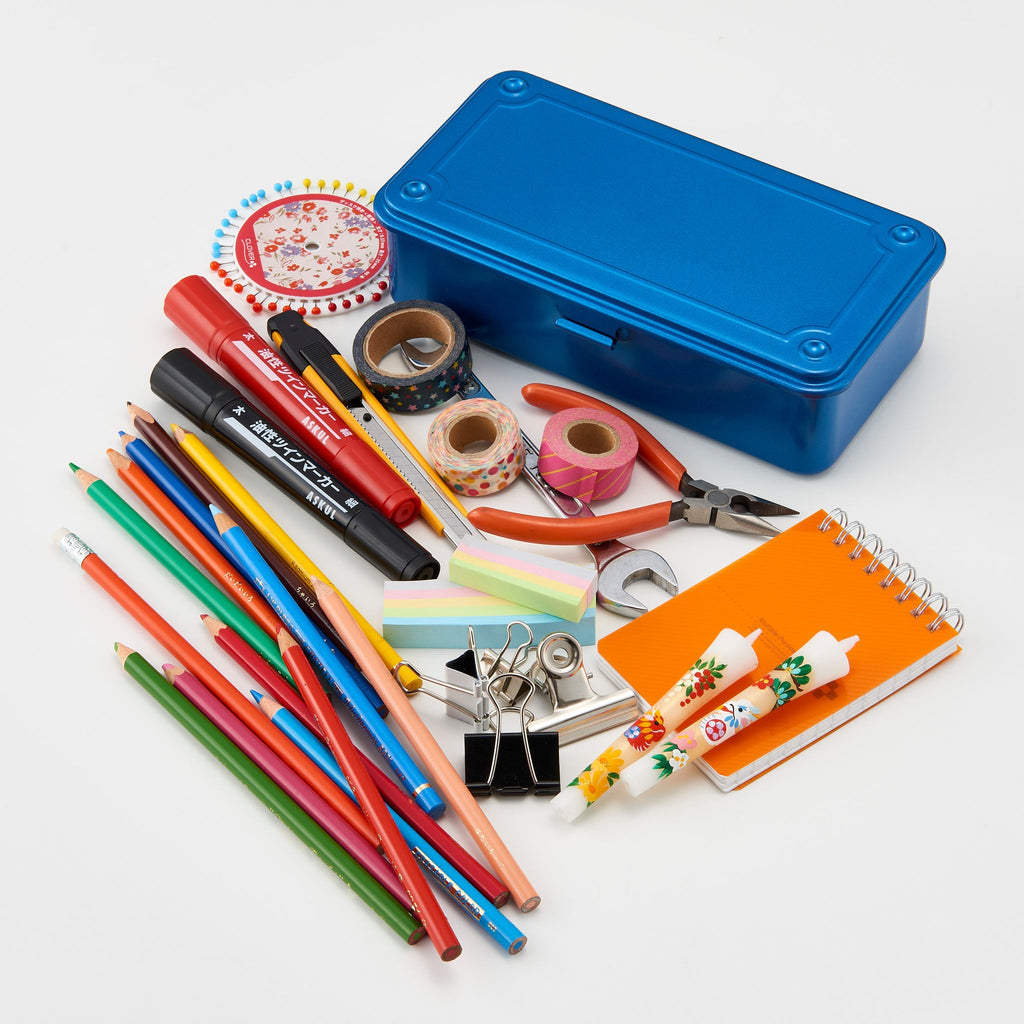 Blue TOYO T-190 toolbox surrounded by various stationery, craft, and office supplies on a white background.