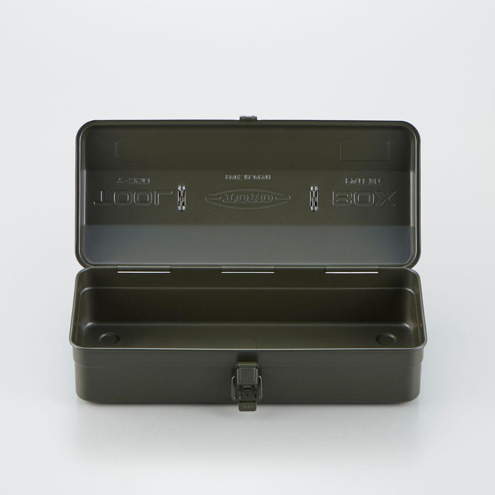 Open and empty khaki TOYO Y-350 camber-top toolbox, displaying interior compartment.