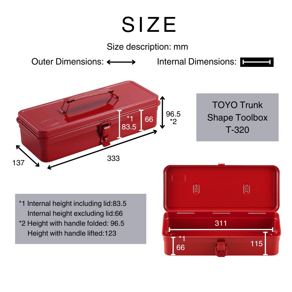 Diagram of the TOYO T-320 toolbox with external and internal measurements in millimetres.