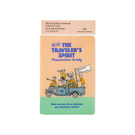 Front view of Traveler’s Notebook 2026 Edition Clear Folder Passport Size with illustrated cover design featuring a car and travellers.