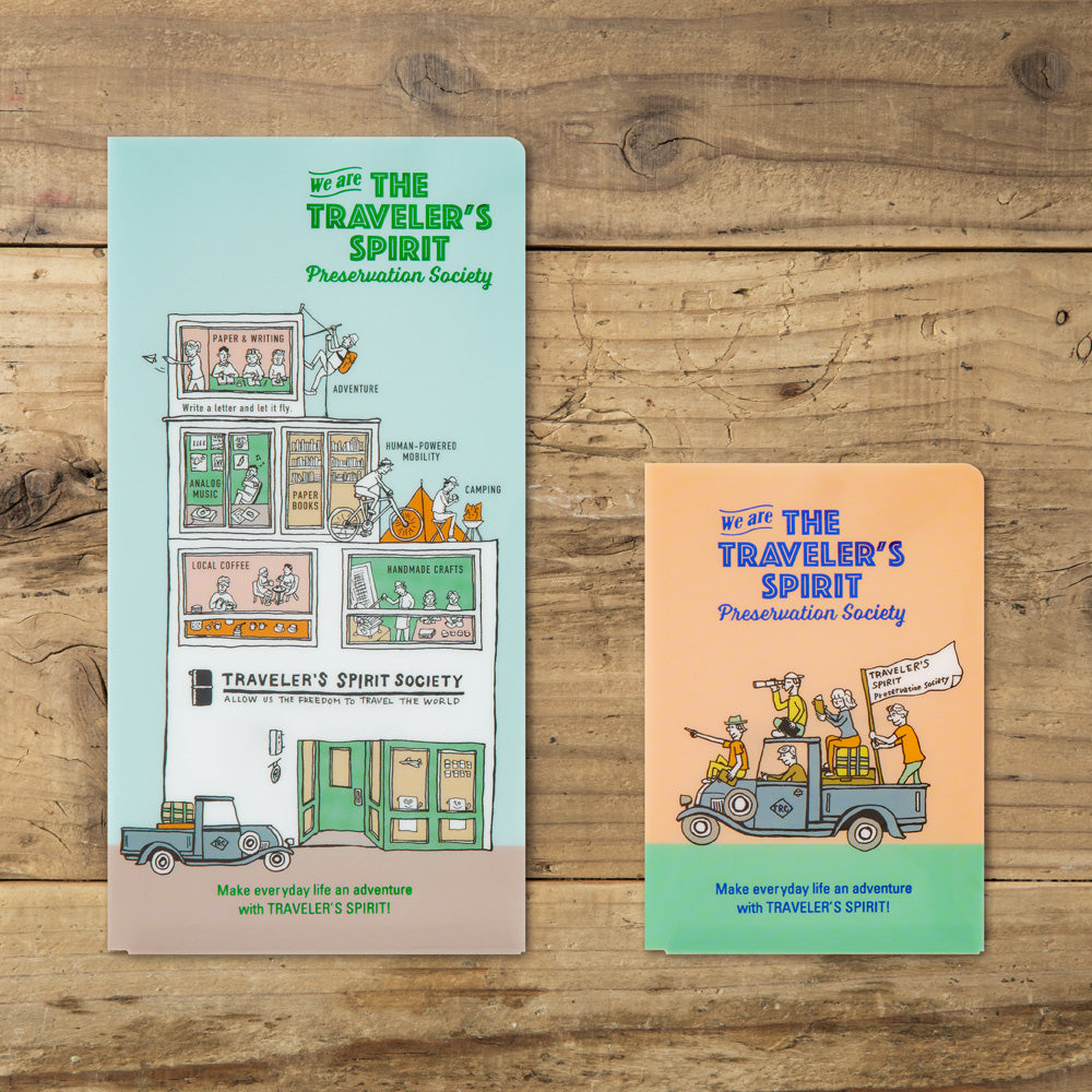 Traveler’s Notebook 2026 Edition Clear Folder Regular Size in pastel green with playful illustration of building interiors.