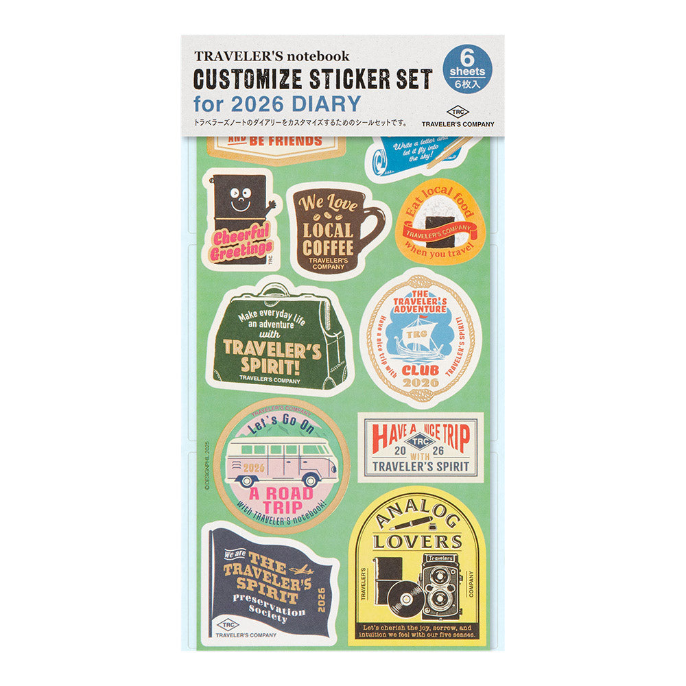 Front packaging of Traveler’s Notebook 2026 Diary Customised Sticker Set featuring retro-inspired label stickers.