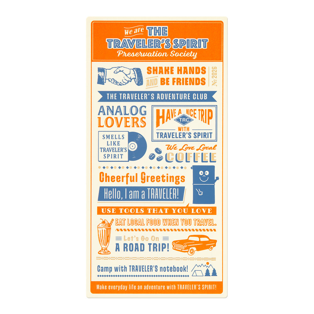 Front view of Traveler’s Notebook Plastic Sheet 2026 Edition Regular Size with orange and blue retro-style typography and graphics.