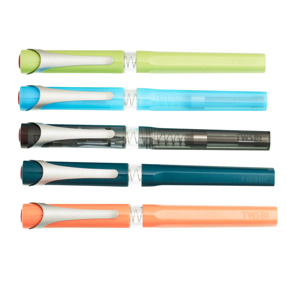 A collection of TWSBI SWIPE Fountain Pens with different colored barrels and nibs, displayed with their respective converter tools.