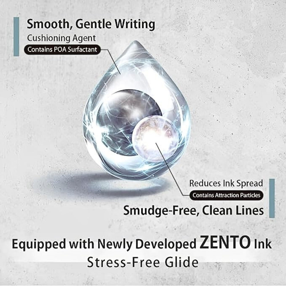 The Journal Shop - Uni-Ball ZENTO Signature Model 0.38mm Ballpoint Pen, featuring a cushioning agent for smooth writing and attraction particles for smudge-free, clean lines.