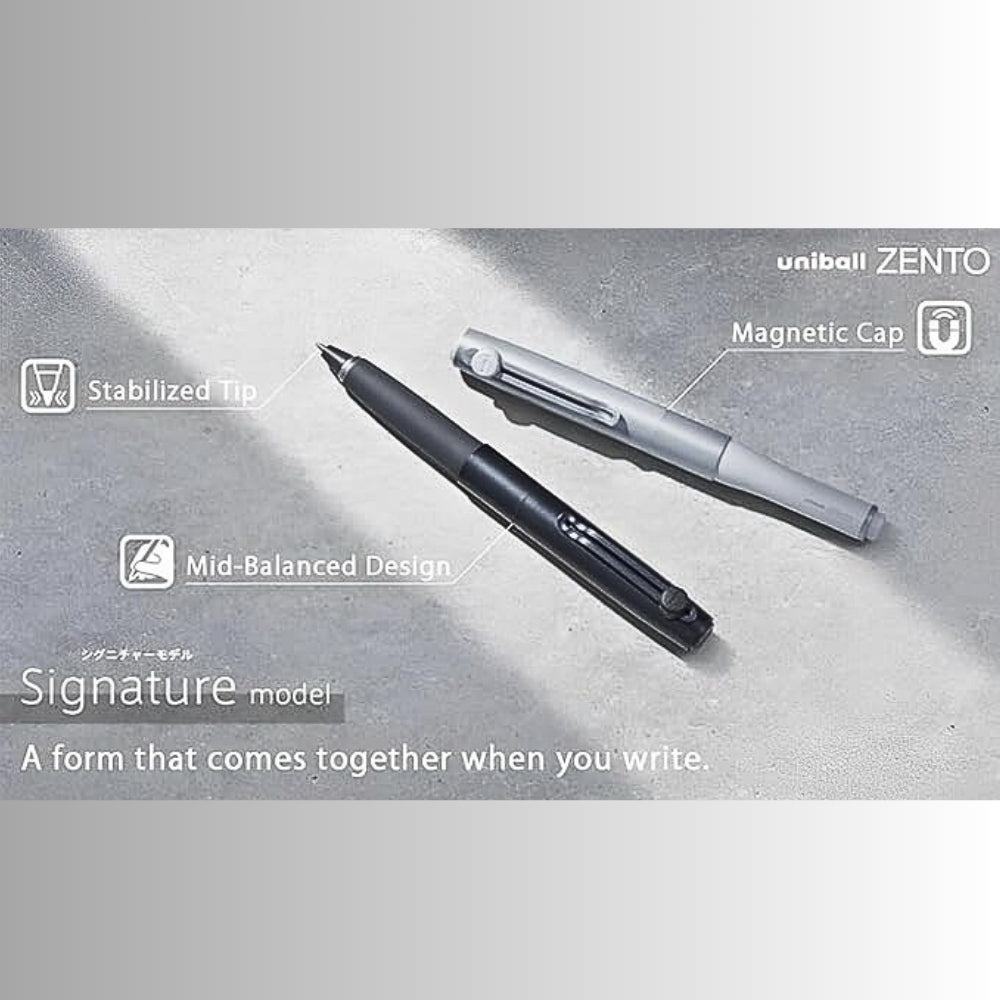 The Journal Shop - Uni-Ball ZENTO Signature Model 0.38mm Ballpoint Pens in black and silver displayed on a textured surface, showcasing features such as a stabilised tip, mid-balanced design, and magnetic cap for enhanced writing comfort.
