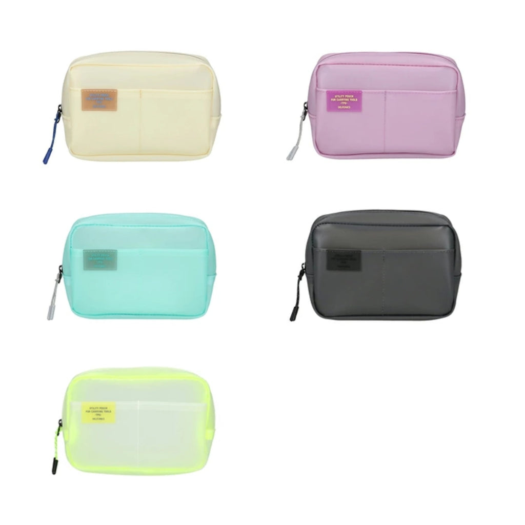 Five utility pouches in assorted colours including cream, lilac, mint, black, and neon yellow.