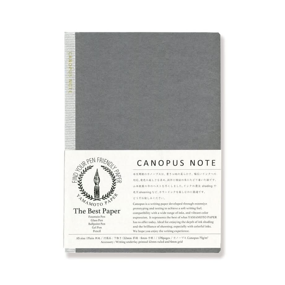 The Journal Shop - Yamamoto Paper Canopus Notebook A5 plain with grey cover and wraparound label.