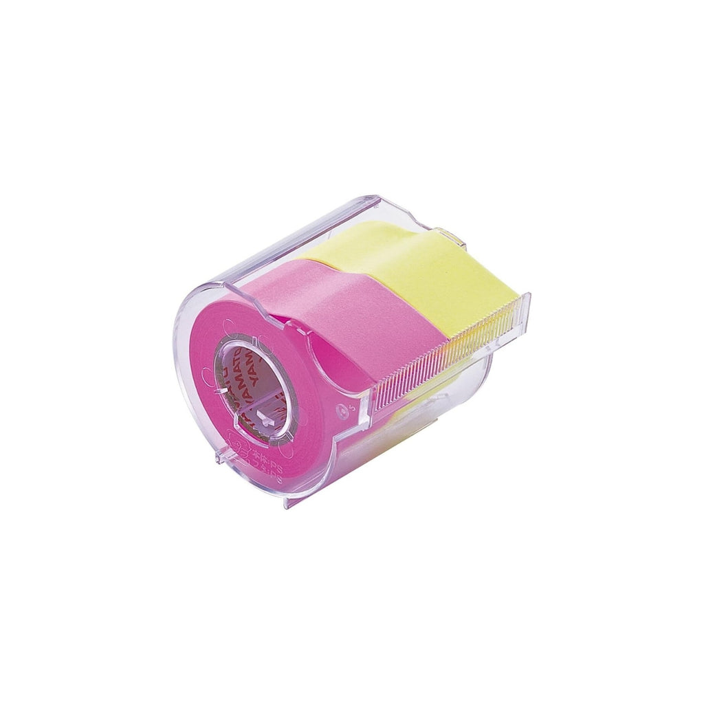 Yamato Double Roll Tape Dispenser with pink and yellow adhesive tape rolls inside a clear plastic case.
