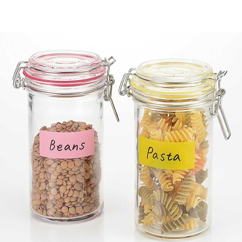 Glass jars neatly labelled with coloured Yamato sticky film tape.