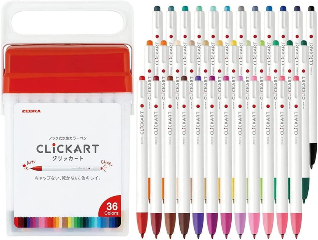 Zebra Clickart 36-Pack Water-Based Pens in a variety of colours including standard, light, and dark shades, featuring retractable, capless design.