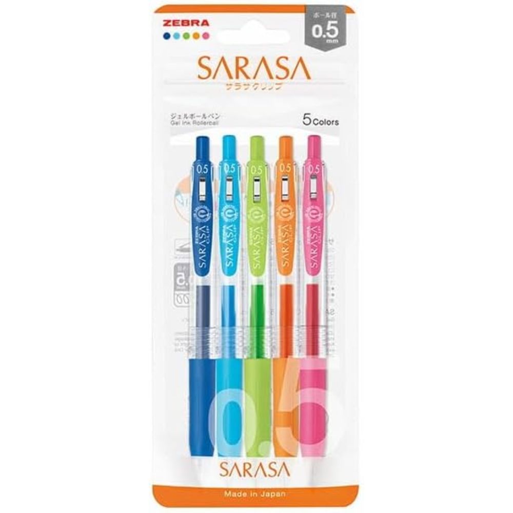 Zebra Sarasa Clip 0.5mm Gel Pen 5-Colour Set in packaging.
