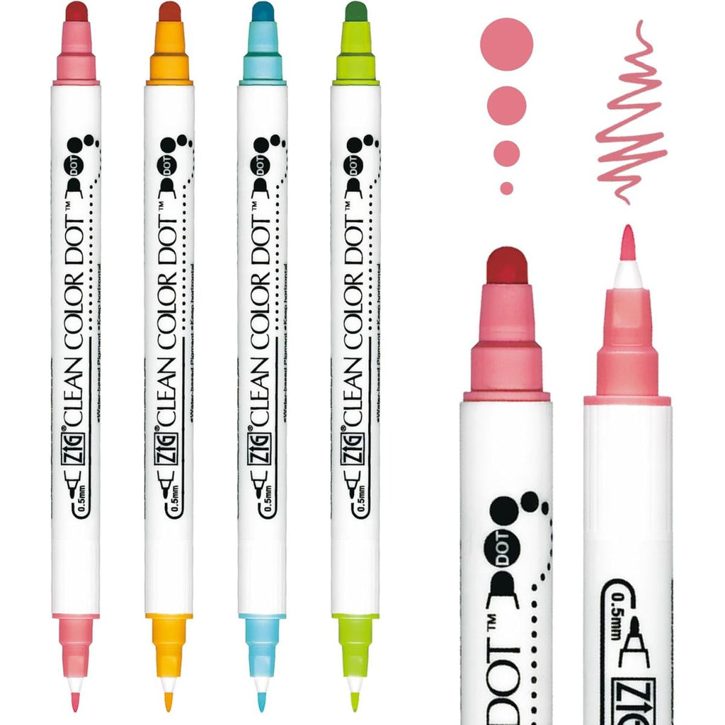 Set of Zig Clean Color Dot markers with colored caps on a white background
