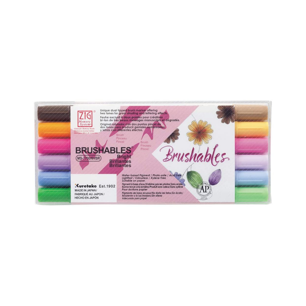 Kuretake ZIG Memory System Brushables Bright 6-Colour Set displayed with vibrant colour swatches