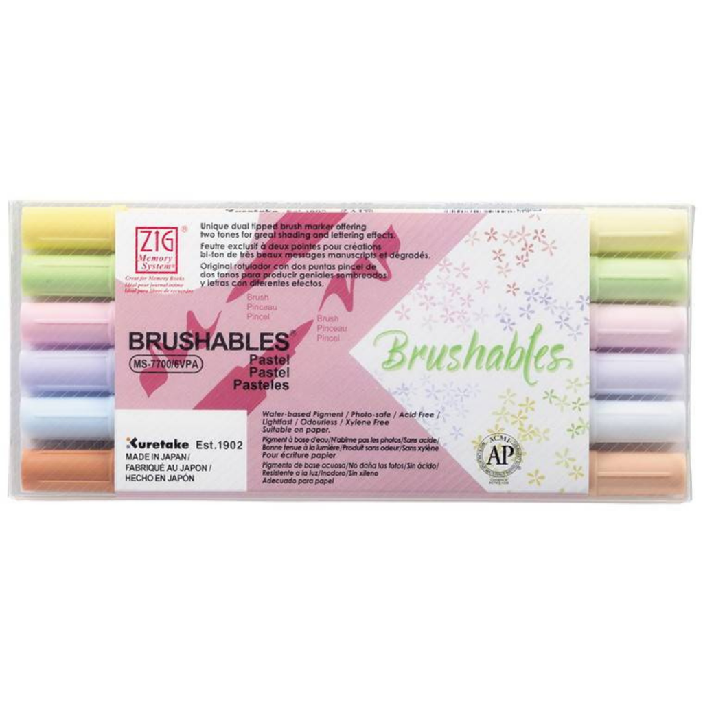 Kuretake ZIG Memory System Brushables Pastel 6 Colour Set, showing two-tone brush tips and soft pastel shades.