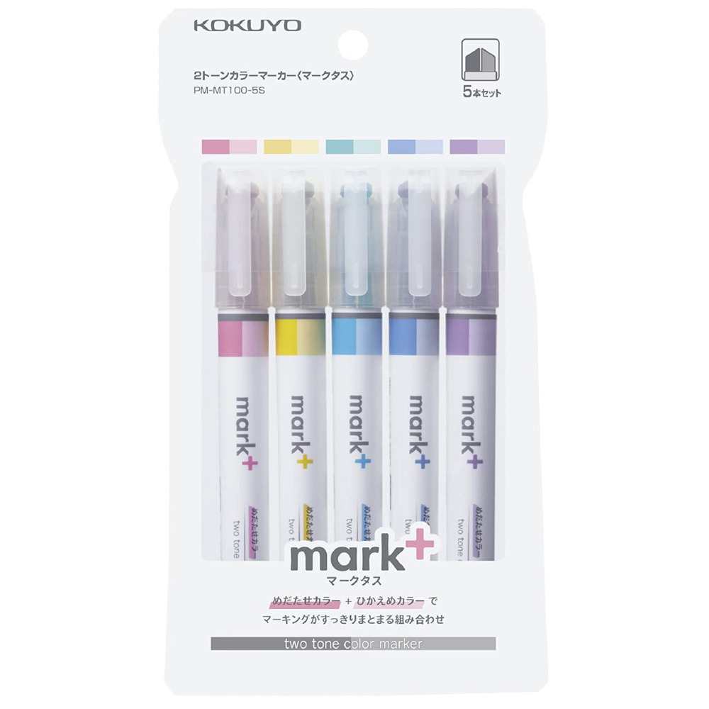 Kokuyo Mark+ Two Tone Colour Marker Pens (Set of 5) in an array of stunning shades, perfect for bullet journaling and crafting projects.