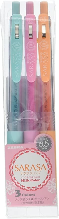 Zebra Sarasa Ballpoint 3-Pack in milk-inspired Pink, Orange, and Blue colours with fine 0.5mm tips.