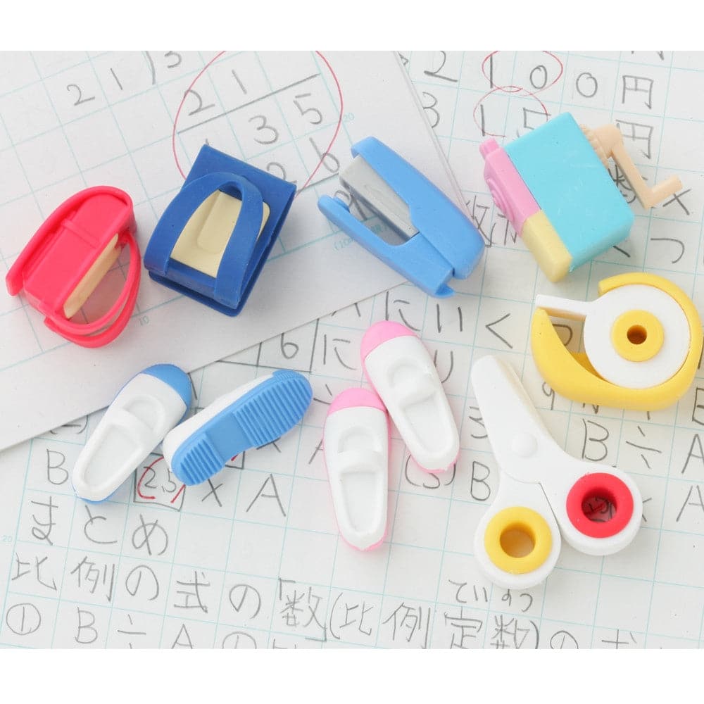 Iwako School Supply Puzzle Erasers displayed in an array of different designs, each representing a unique stationery item.