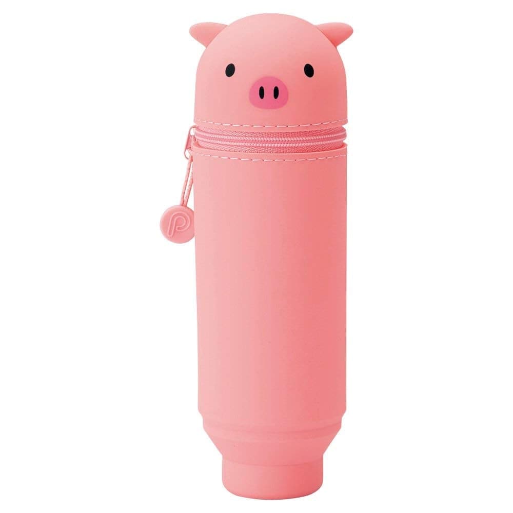 Lihit Lab PuniLabo Pig Standing Pencil Case, crafted from soft silicon rubber, standing upright to display its ample storage capacity.
