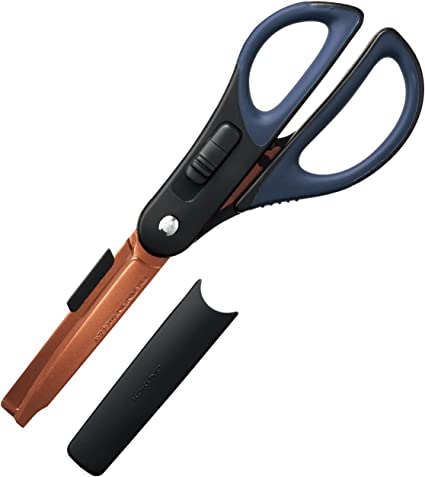 Kokuyo Hakoake 2Way Scissors + Cutter in Pink, Blue, and premium Black with titanium blades, displayed with safety cap and unique features.