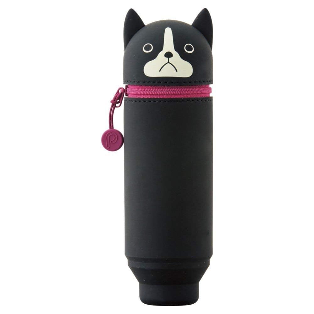 Lihit Lab PuniLabo Boston Terrier Standing Pencil Case, made from luxurious suede-feel silicone, perched perfectly on a desk and ready to keep your pens and pencils safe.