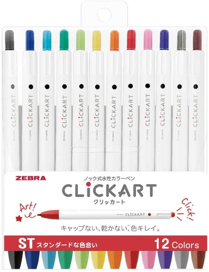 Zebra Clickart Water-Based Pens 12 Pack showing all colours in the Light variant