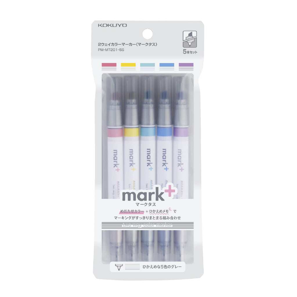 Kokuyo Mark+ 2 Way Colour Marker Pen [Grey Tip] Set of 5 - The Journal Shop