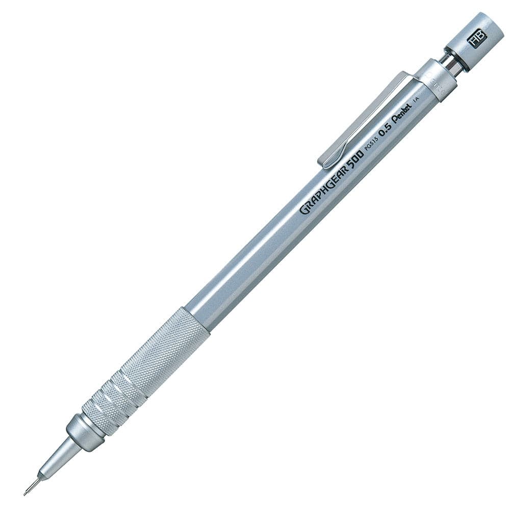 Pentel Graph Gear 500 Mechanical Pencil with metallic mesh grip displayed on a white background.