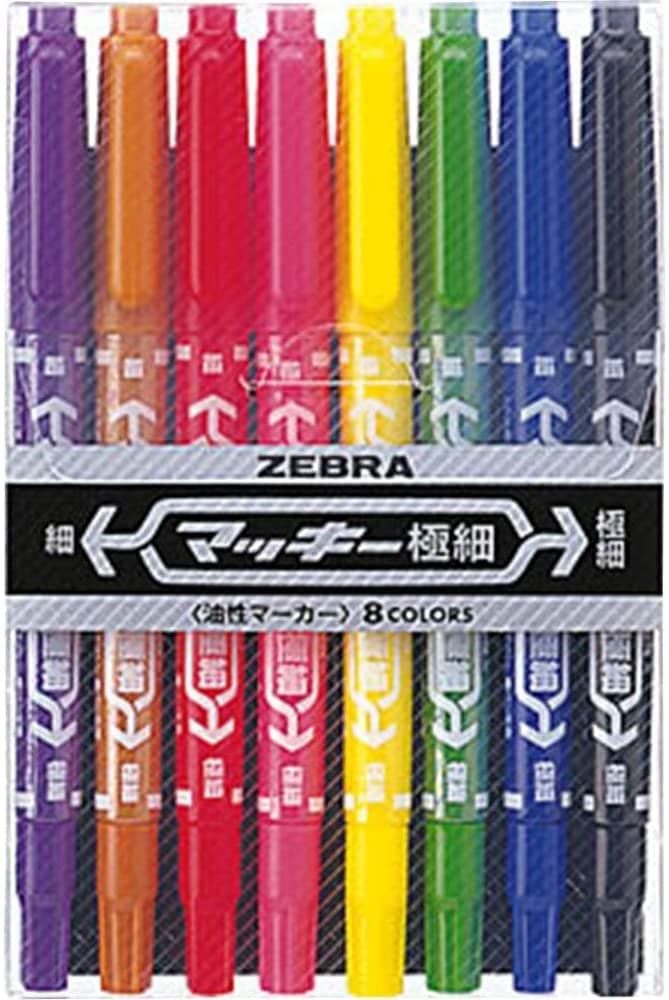 Zebra Mackie Marker 8-Colour Set featuring double-sided pens in a rainbow of colours, perfect for multiple uses.