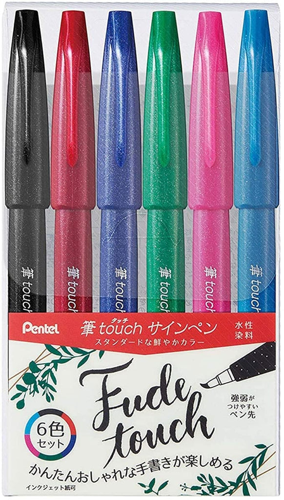 Pentel FudeTouch Brush Sign Pen Colour Set A with six vibrant colours on a white background.