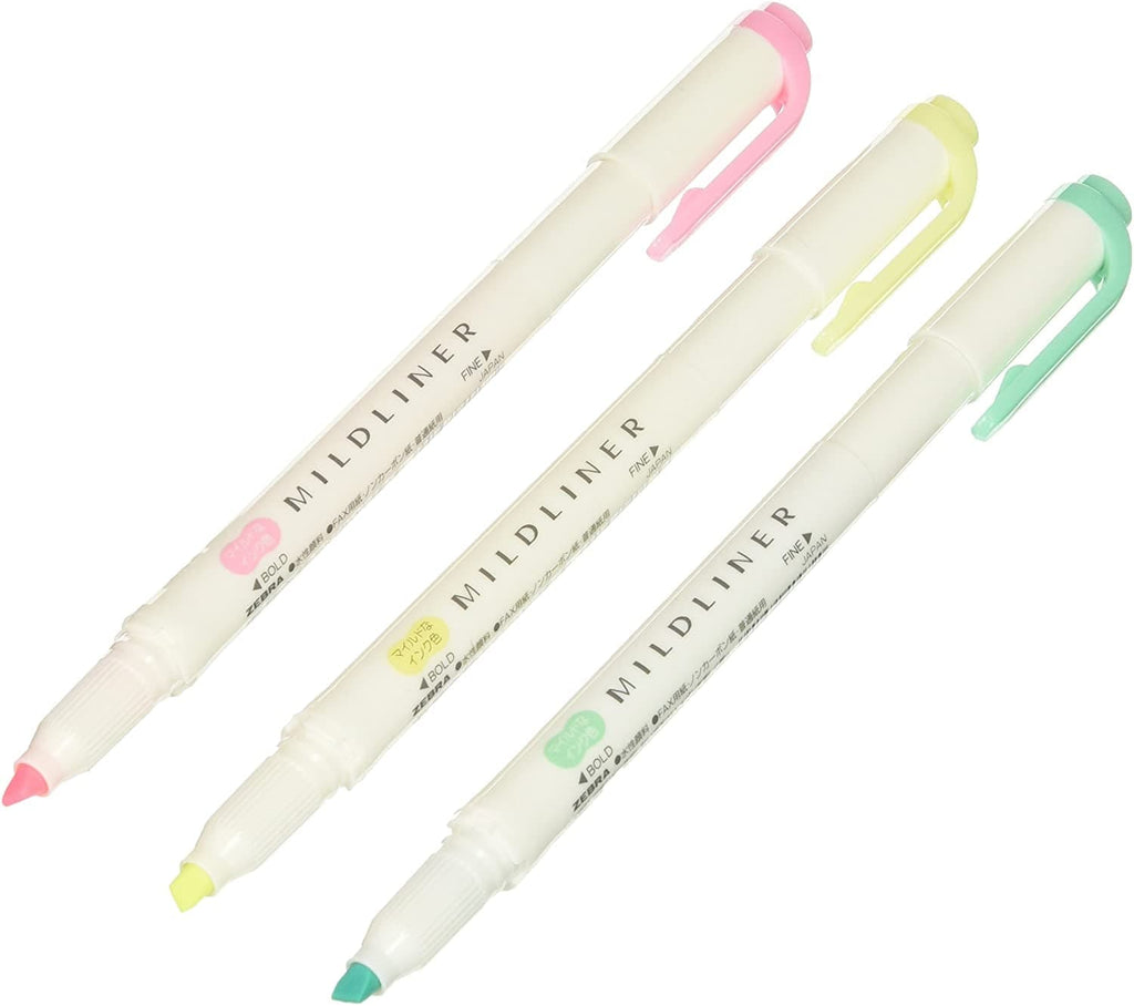 Zebra Mildliner 3-Pack featuring dual tips and soft pastel colours, the ultimate tool for bullet journaling and highlighting.