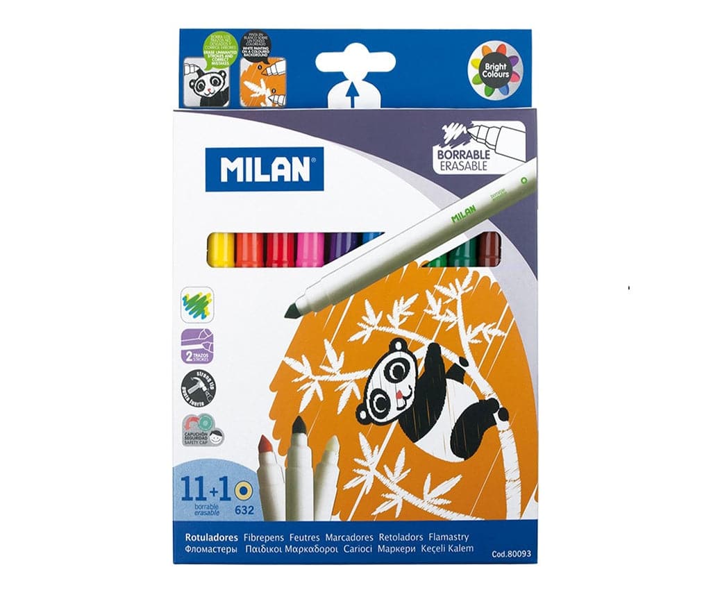 Milan Erasable Fibrepens (11 + 1) featuring vibrant colours, a versatile conical tip, and a specially designed eraser for maximum creativity.