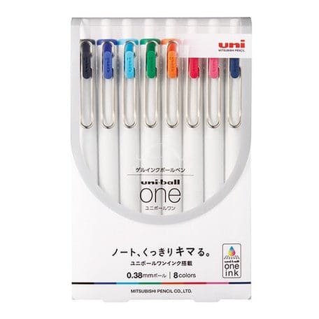 Uni-Ball One Gel Pen 8 Pack including eight vibrant colours, with plastic barrel and rubber grip section