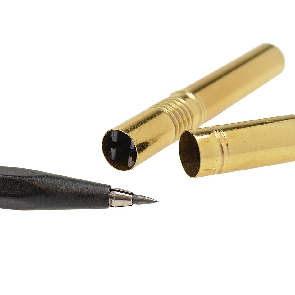 OHTO Brass Lead Pointer, a sleek and compact brass sharpener for 2.0mm pencil leads, with built-in shaving catcher.