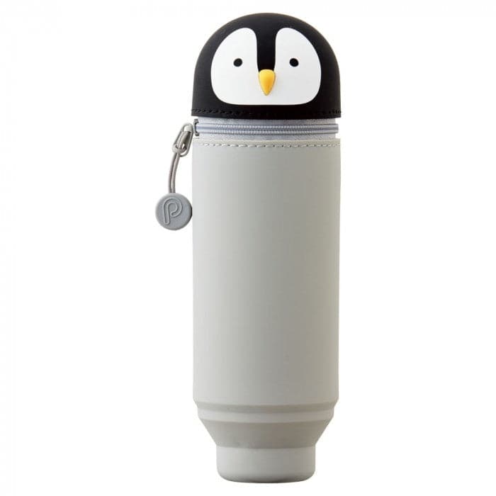 Lihit Lab PuniLabo Penguin Standing Pencil Case, made from premium suede-feel silicone, standing upright on a desk, ready to house your favourite pens and pencils.