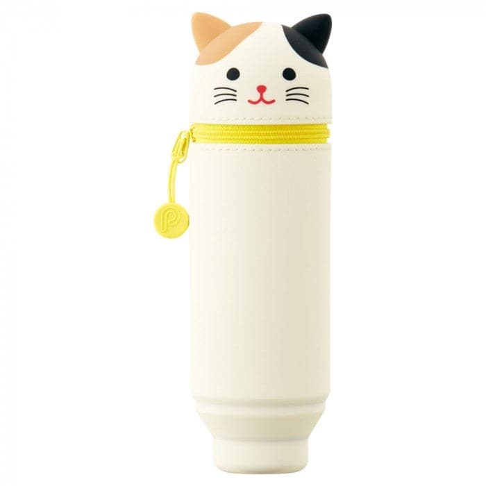 Lihit Lab PuniLabo White Cat Standing Pencil Case, made of soft suede-feel silicone with a secure zipper closure.