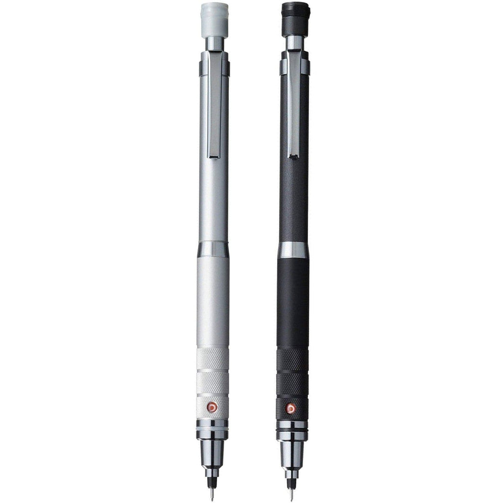 Uni Kuru Toga Roulette Mechanical Pencil 0.5mm with textured aluminium grip and window displaying core-rotating mechanism.