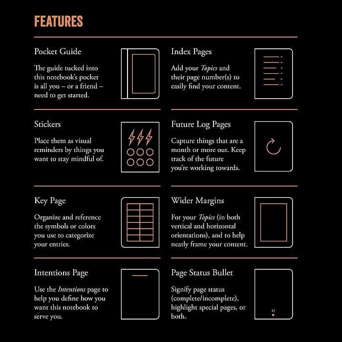 Feature overview page of the Leuchtturm1917 Bullet Journal Edition 2 highlighting tools and layout options.