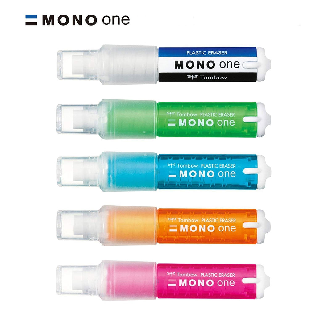 Tombow Mono One Erasers in blue, orange, green, pink and striped, arranged neatly on a desk with pencils and notebooks.