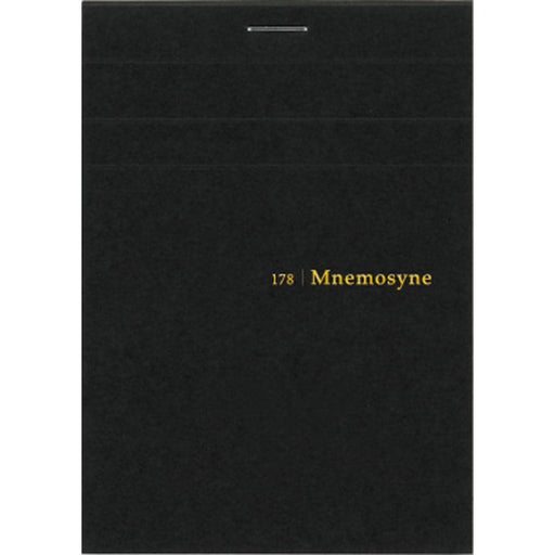 Mnemosyne N178A Notepad B7 featuring a black card front cover, light grey 5mm grid layout, and micro-perforated 80gsm Japanese paper.