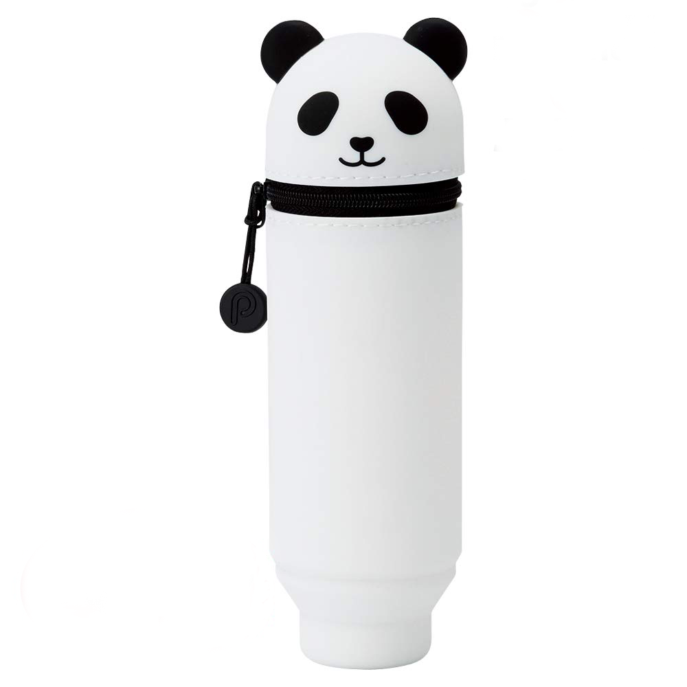 Lihit Lab PuniLabo Panda Bear Standing Pencil Case, made from soft suede-feel silicone, with a zipper closure.