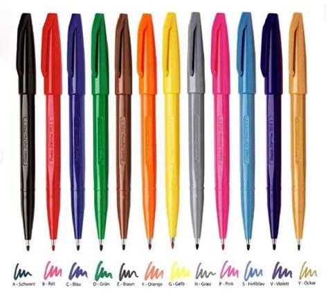 Pentel Touch Brush Sign Pen set showcasing its durable brush tip and range of vibrant colours.