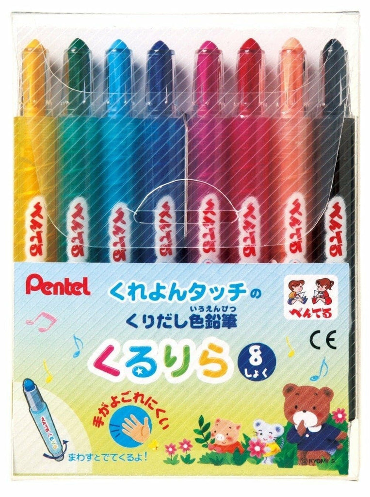 Pentel Kurikura Twist Crayons 8-Colour Set in clear plastic barrels, the compact choice for vivid, hassle-free colouring.